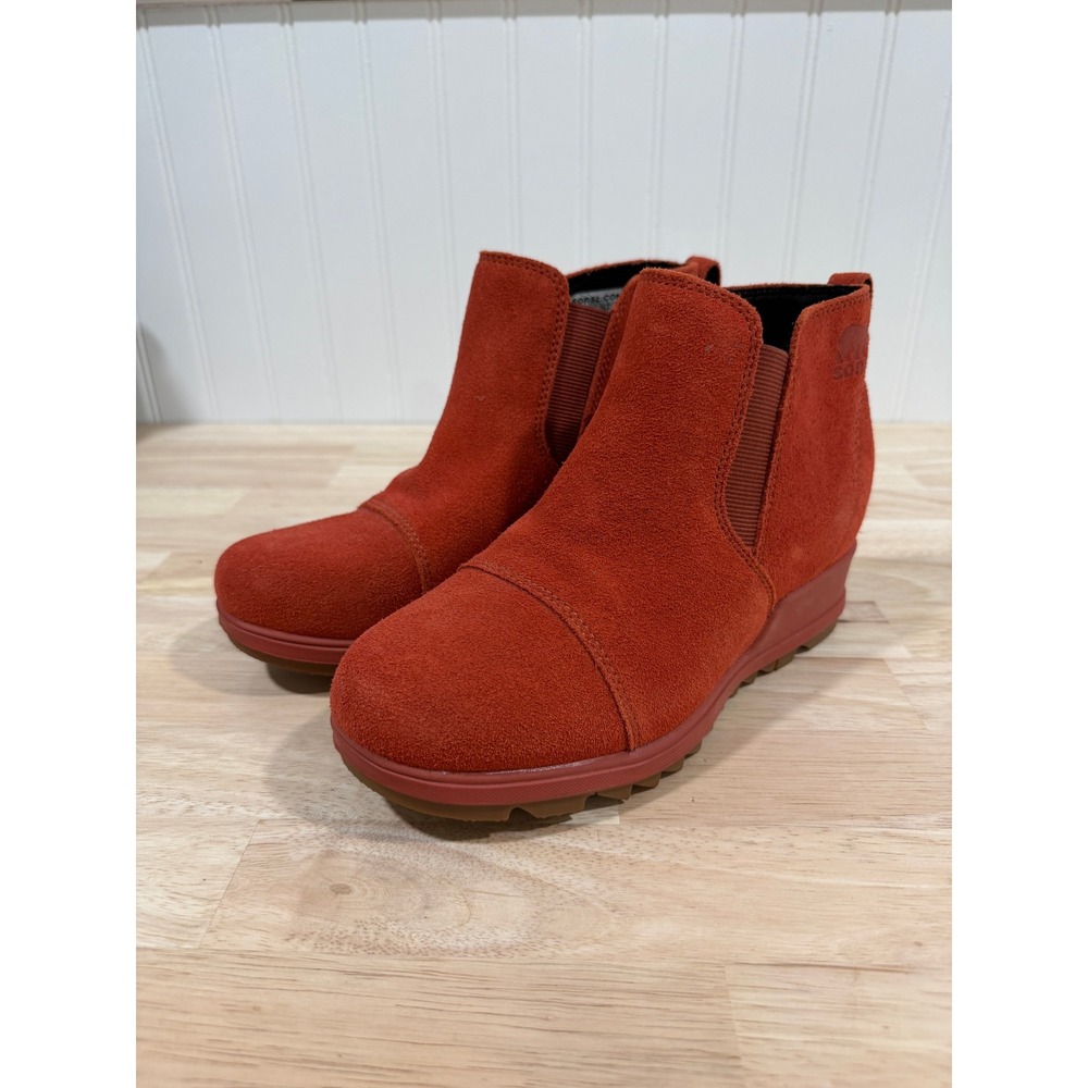 Sorel Evie Pull-On Suede Waterproof Wedge Bootie Burnt Orange Red Women Size 6.5
